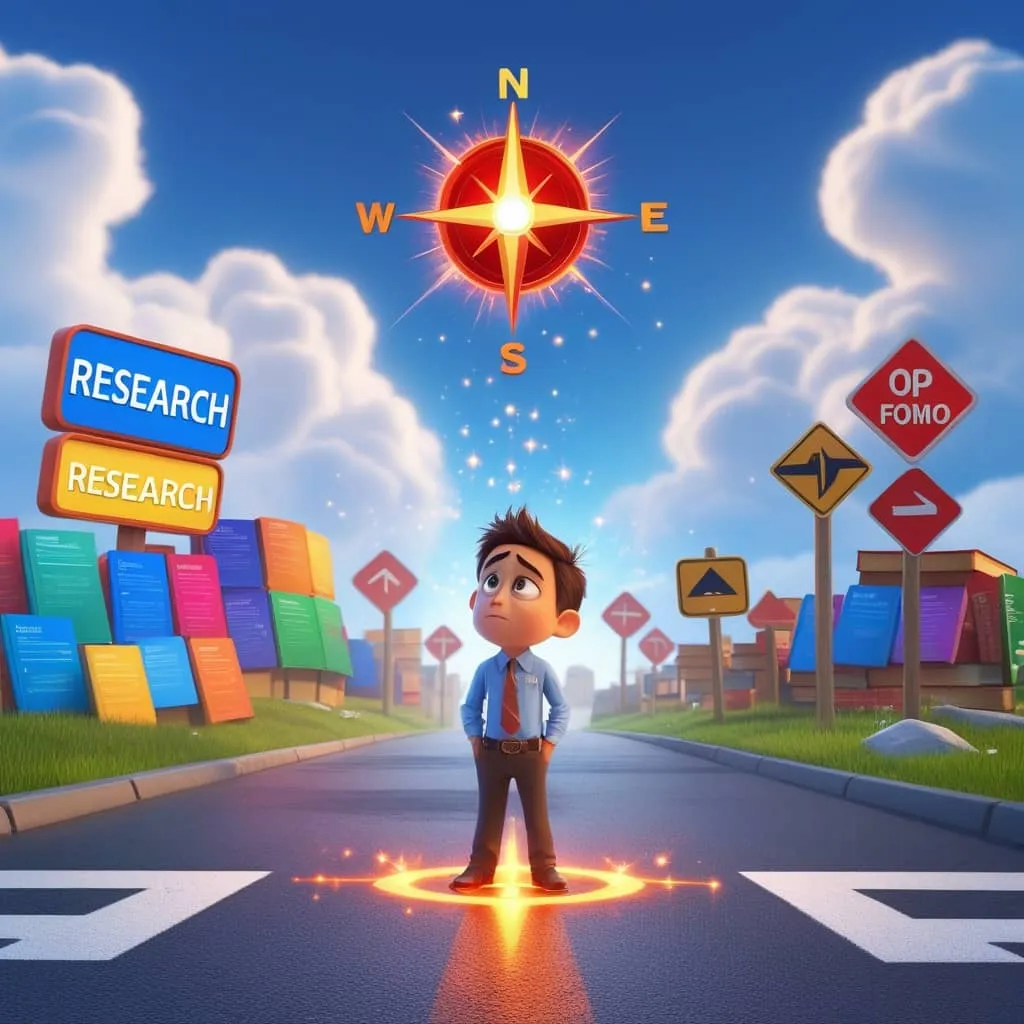 옵티미즘 코인 인턴 투자자가 리서치와 포모 사이에서 갈등하고 있는 모습을 구현한 이미지