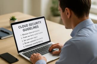 공직자가 클라우드 보안 수칙을 노트북으로 학습 중인 이미지