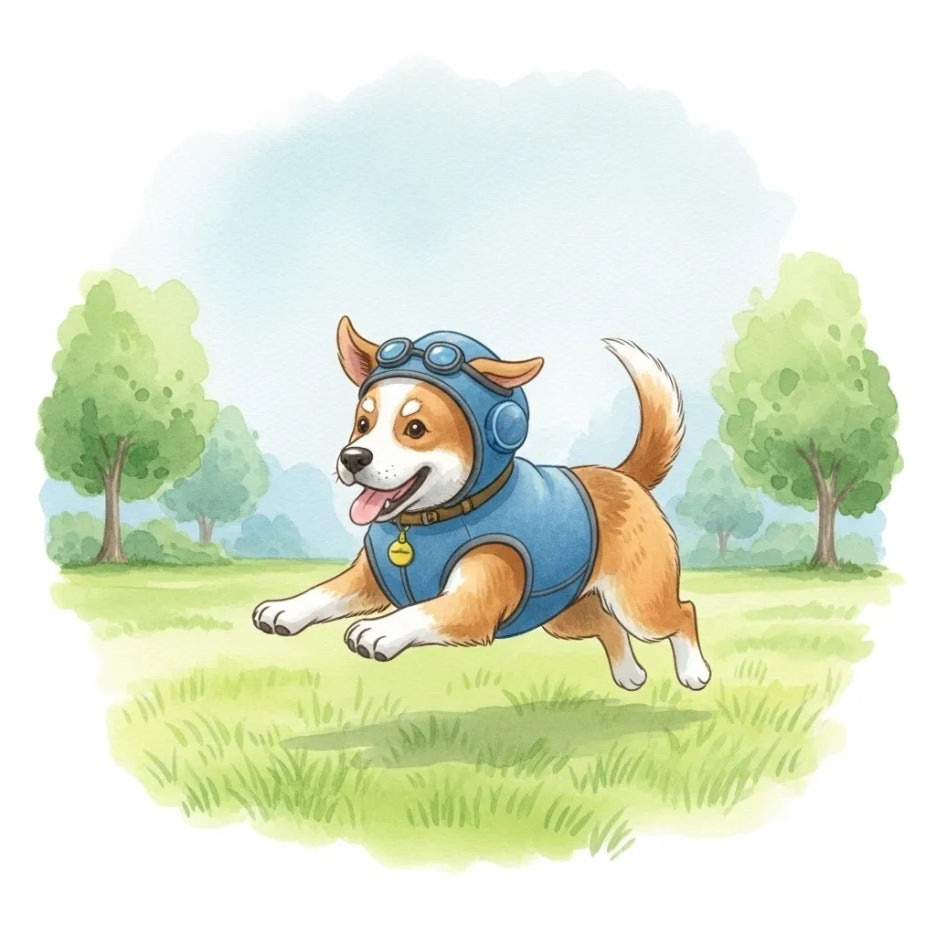 풀밭에서 신나게 뛰어노는 강아지의 행복한 모습