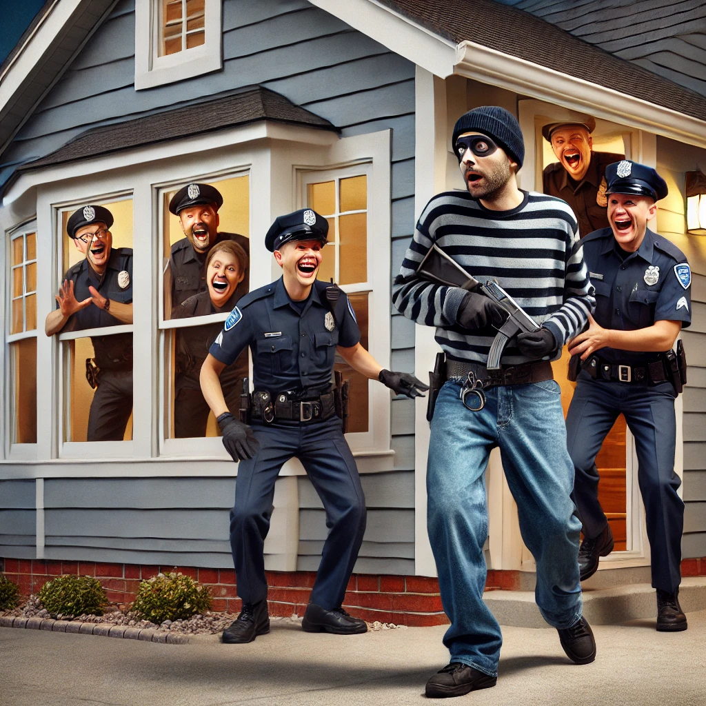 도둑이 가정집으로 착각하고 경찰서에 침입. 안에서 경찰들이 웃으며 체포할 준비를 하는 모습.