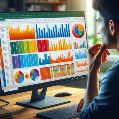 다양한 데이터 차트와 그래프를 보고 있는 사람, 엑셀 화면