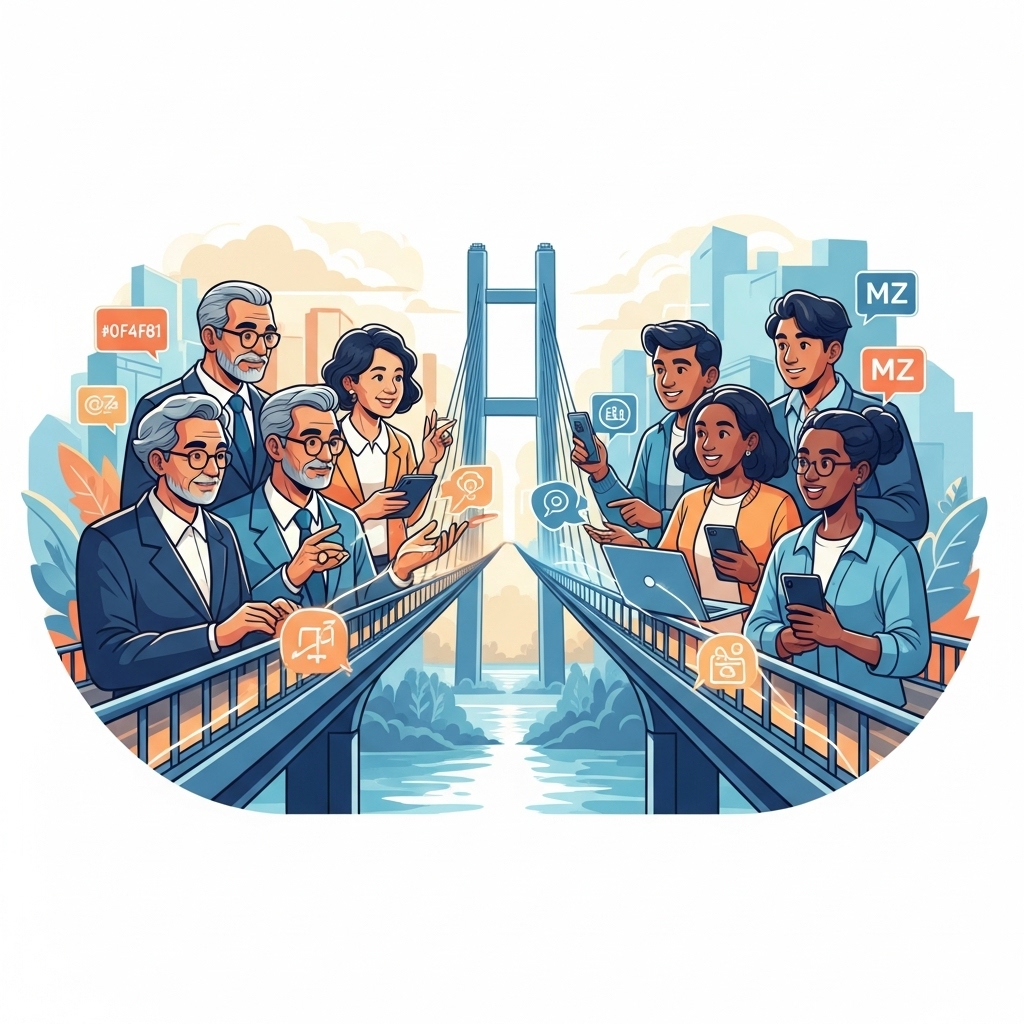 중년 세대와 MZ 세대가 소통의 다리를 건너며 서로를 이해하는 모습을 담은 현대적인 일러스트.