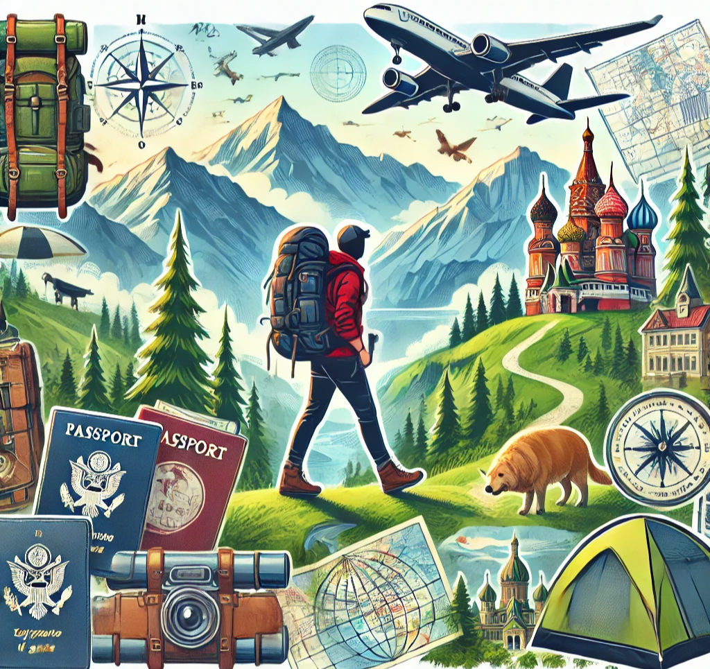배낭여행, 배낭을 메고 산과 숲, 도시를 탐험하는 젊은 여행자들, 캠핑 장비, 하이킹 트레일, 여권, 지도 등을 포함한 장면
