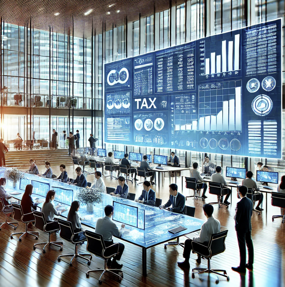 디지털 화면에서 세무 데이터를 분석 중인 회사 직원들