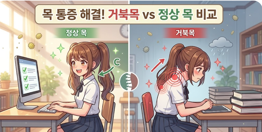 거북목 증후군 원인과 정상 목 자세 비교, 목 뻐근함 완화 스트레칭