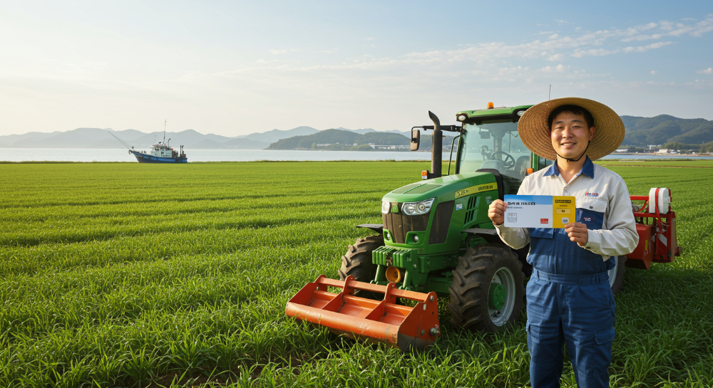 활짝 웃는 농부가 푸른 밭에서 면세유류카드를 들고 트랙터 옆에 서 있고, 멀리서 어선이 잔잔한 수면 위를 항해하는 모습을 담은 이미지.