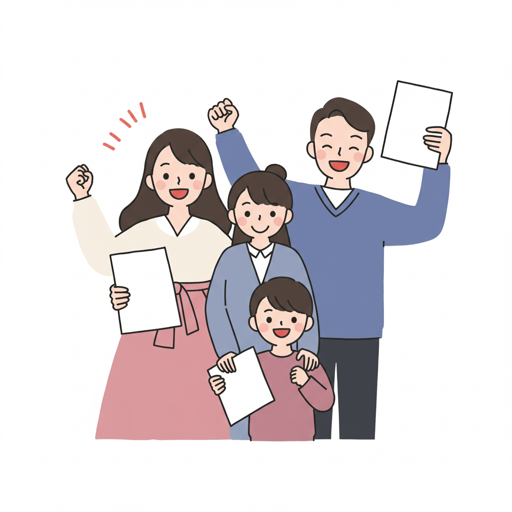  자녀장려금을 받고 기뻐하는 부모와 여자아이와 남자아이가 함께 즐거워하고 있다. 
