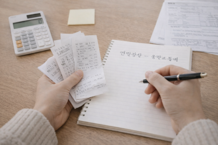 연말정산 영수증과 계산기를 책상 위에 놓고 노트에 종합소득세 정리 내용을 적는 손 모습