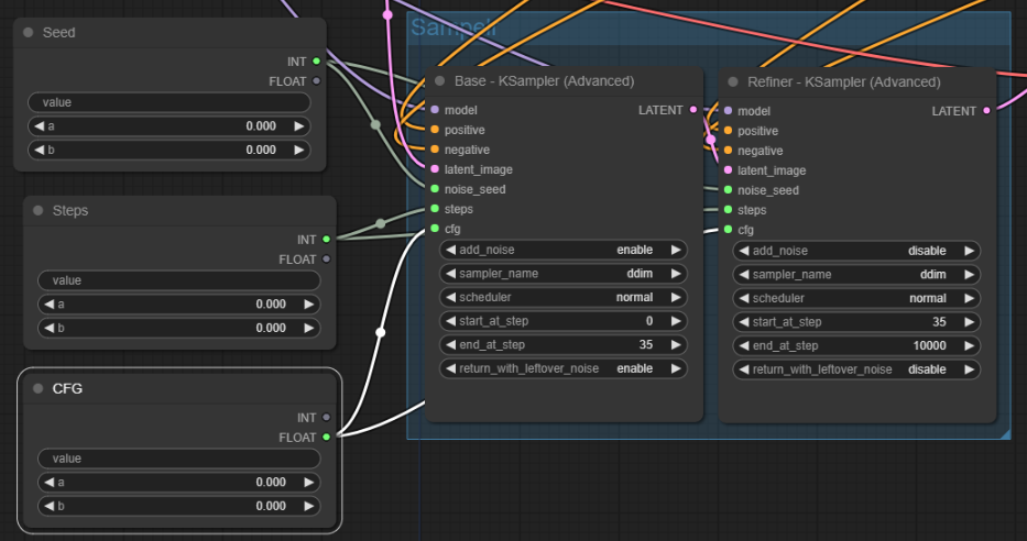 샘플러에 대한 씨드,CFG,steps 입력 노드 생성