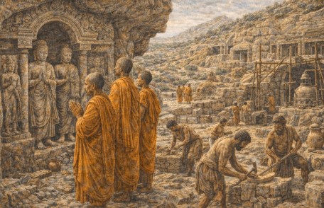 고대 인도 안드라 왕국의 불교 석굴 사원 조성과 초기 불교 확산 모습을 재현한 그림