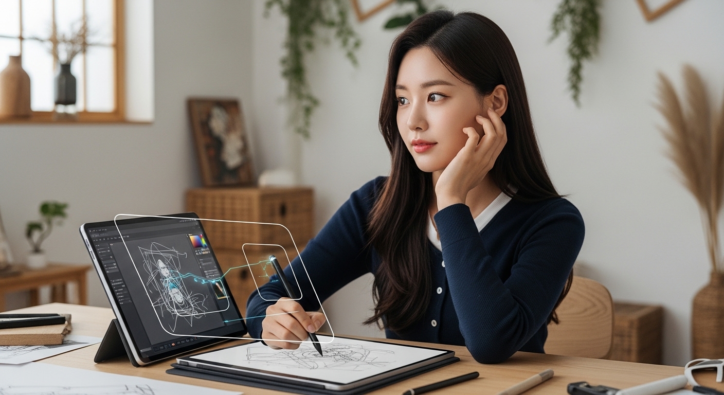 한국인 젊은 아티스트 여성이 디지털 태블릿으로 그림을 그리며 AI를 창작 도구로 활용하는 모습. 영감을 받은 듯한 표정이다.