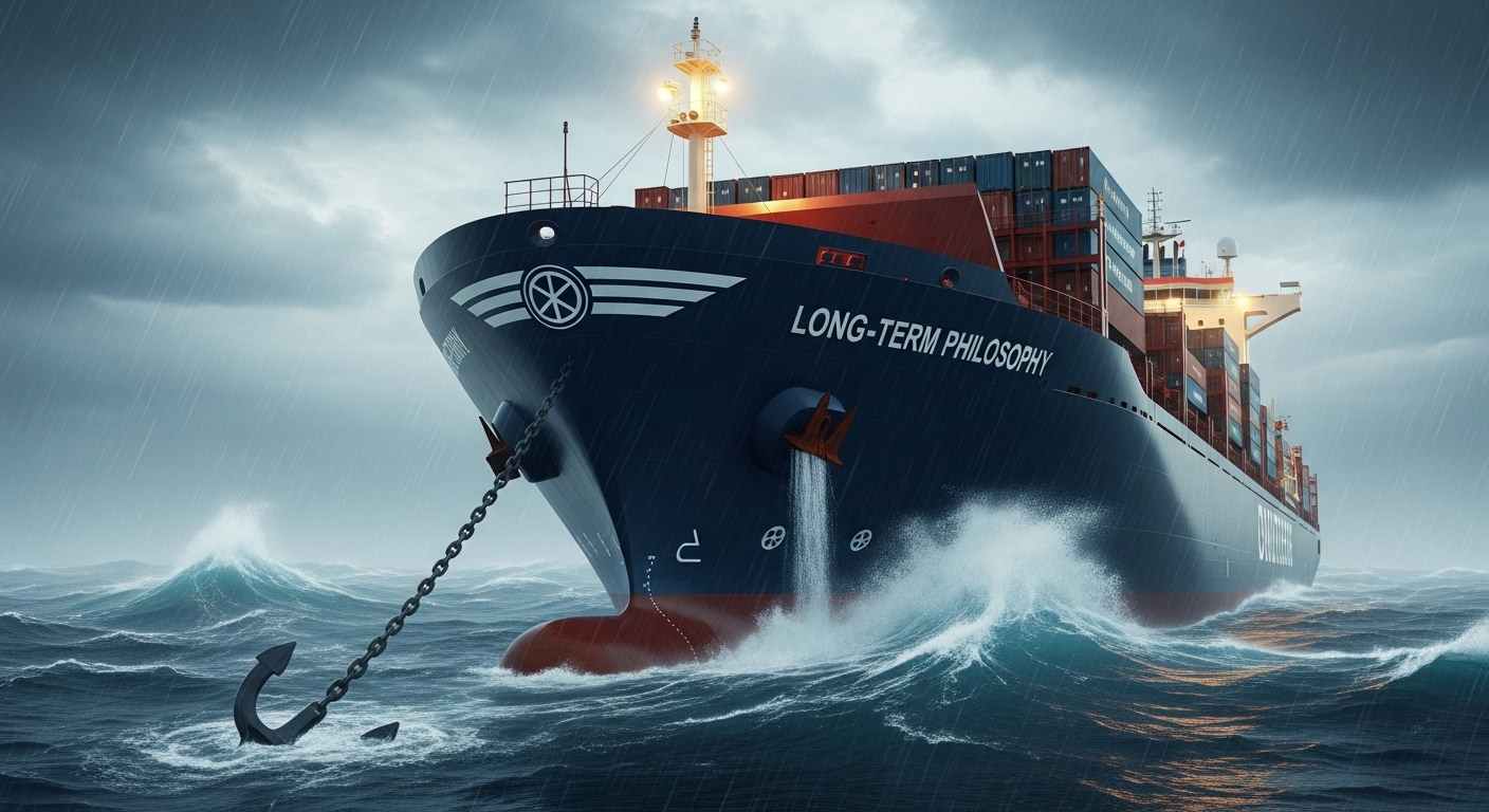 폭풍우가 몰아치는 바다에서 닻을 단단히 내리고 있는 배의 모습. 안정적인 투자 철학을 상징함