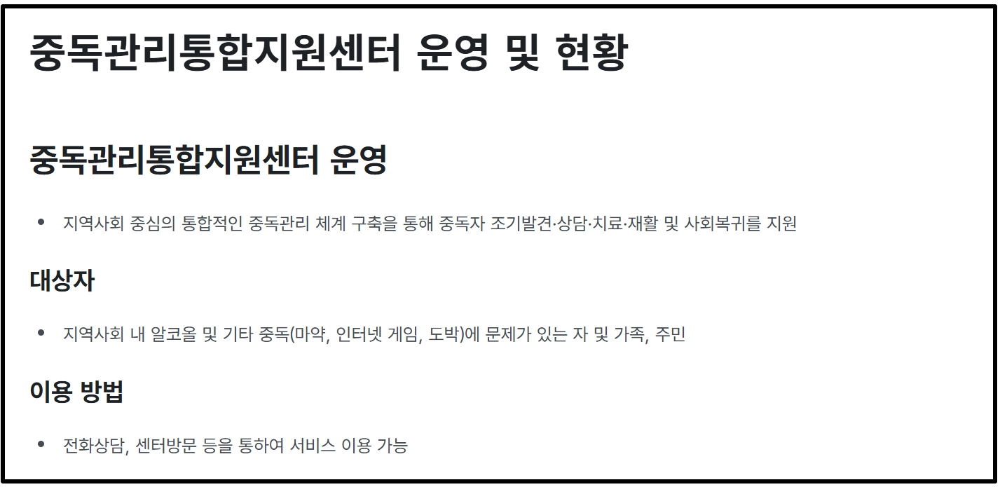 중독관리통합지원센터운영지원 4대중독 무료상담받는방법