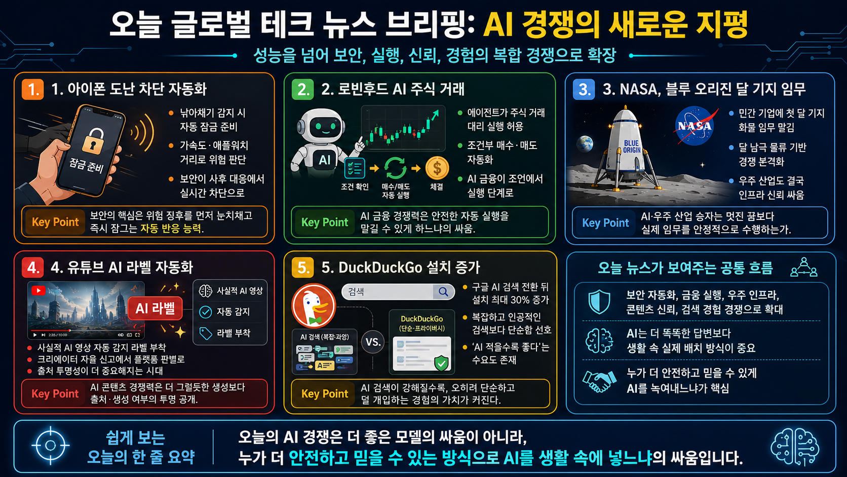 아이폰 자동 잠금, 로빈후드의 AI 주식 거래, NASA의 첫 달 기지 임무, 유튜브 자동 AI 라벨, DuckDuckGo 설치 증가