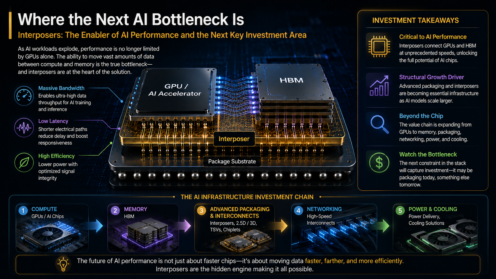 AI infrastructure investment chain from GPU and HBM to interposers advanced packaging networking power and cooling