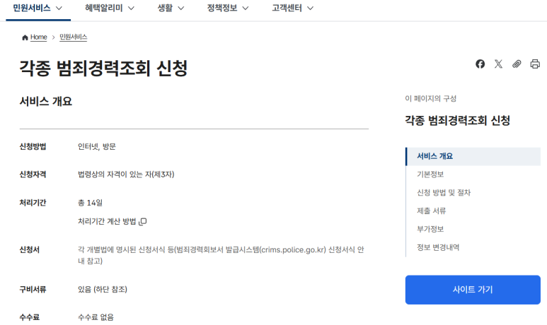 정부24 각종 범죄경력조회 신청 서비스 개요, 처리기간 14일 표시