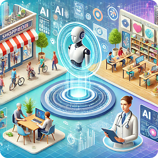 가상 쇼핑몰, 가상 교실, 헬스케어 메타버스를 포함한 AI와 메타버스를 시각적으로 표현한 이미지