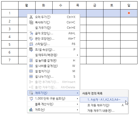 한글 표 자동 채우기