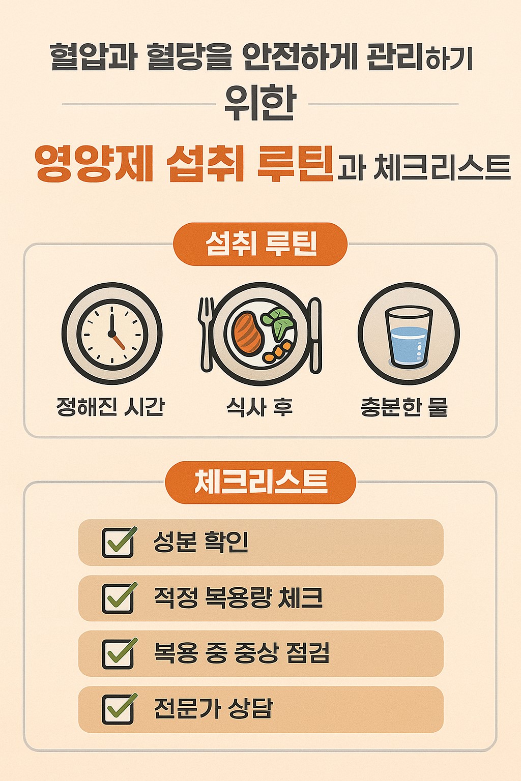 혈압과 혈당을 안전하게 관리하기 위한 영양제 섭취 루틴과 체크리스트 인포그래픽