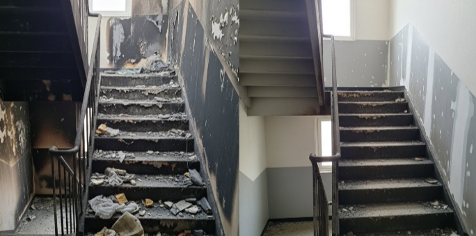 다세대주택 공용구역 화재 청소중