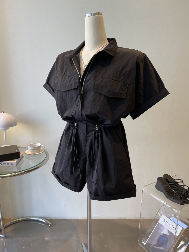 아노락 소매롤업 반팔 반바지 스트링 점프수트 2컬러