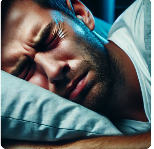 수면무호흡증으로 인해 수면의 어려움을 겪고 있는 남성의 사진