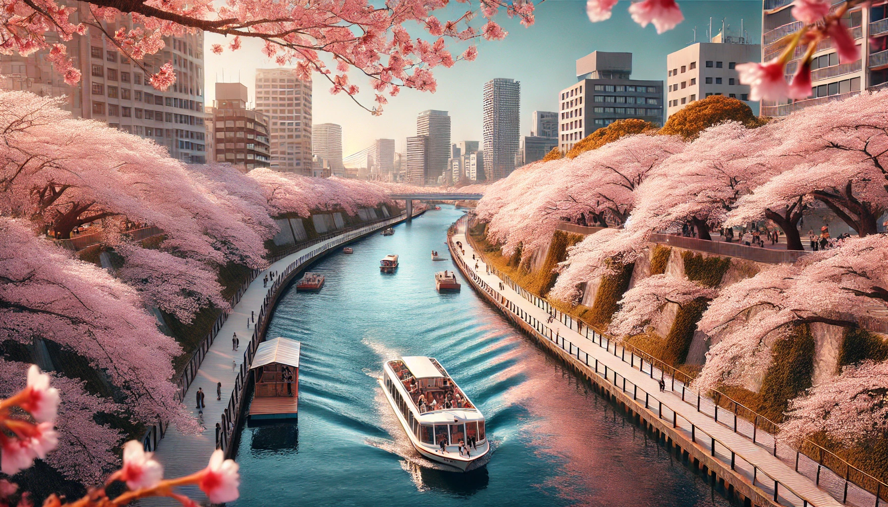 나카노시마 공원의 벚꽃이 강변을 따라 흐드러지게 핀 모습과 유람선이 지나가는 장면