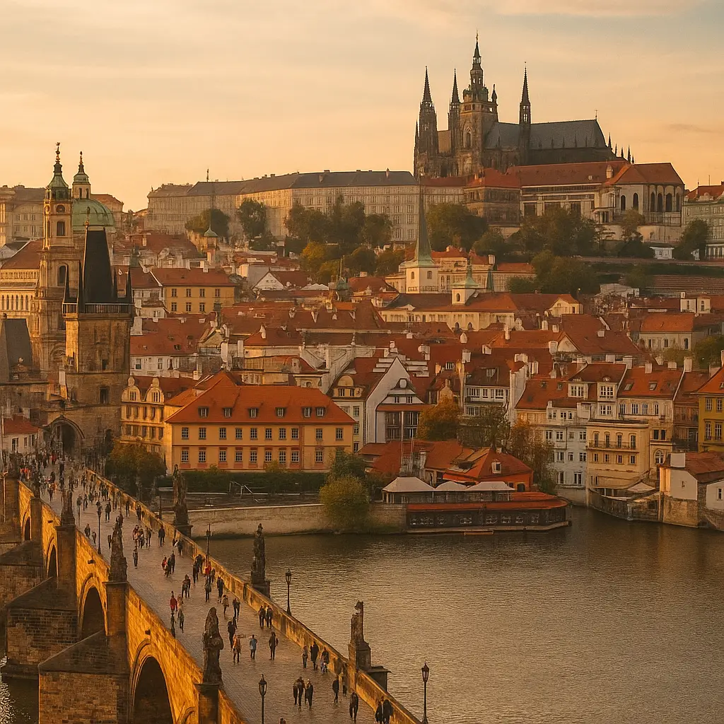 프라하 카를교와 프라하성이 보이는 석양의 실사 사진