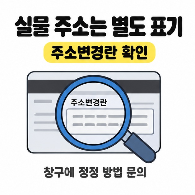 면허증 뒷면의 주소변경란을 돋보기로 확대하고 창구에 정정 방법을 문의하도록 안내한 그림
