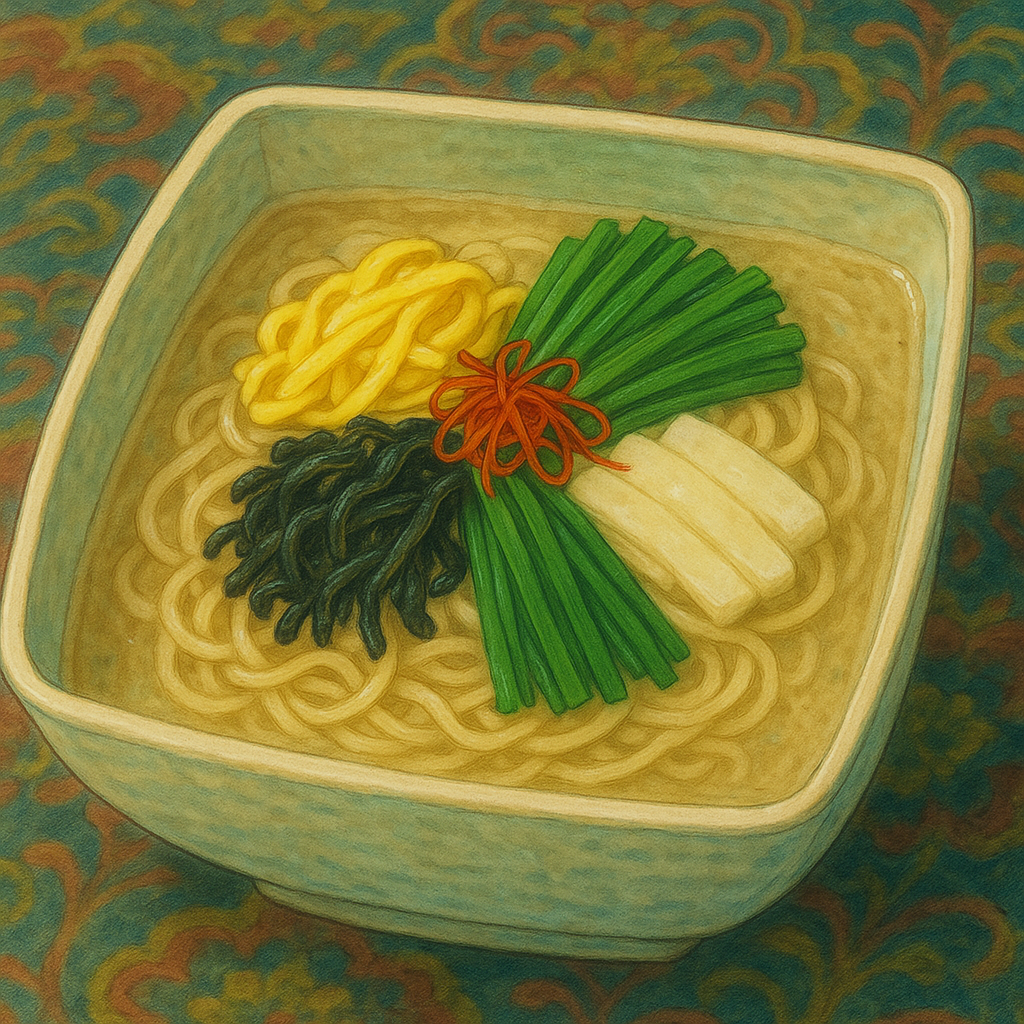 한국 전통식 국수 요리. 들깨와 닭 육수가 어우러진 국물 위에 색색의 고명들(지단, 부추, 석이버섯, 무 짱아치, 실고추)이 정갈하게 얹혀 있음. 정사각 그릇, 전통 식탁보, 자연광 촬영