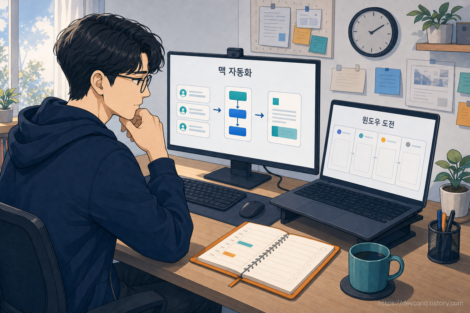 Mac의 자동 요약 흐름을 보며 Windows 노트북 앞에서 고민하는 고정 2D 남성 개발자