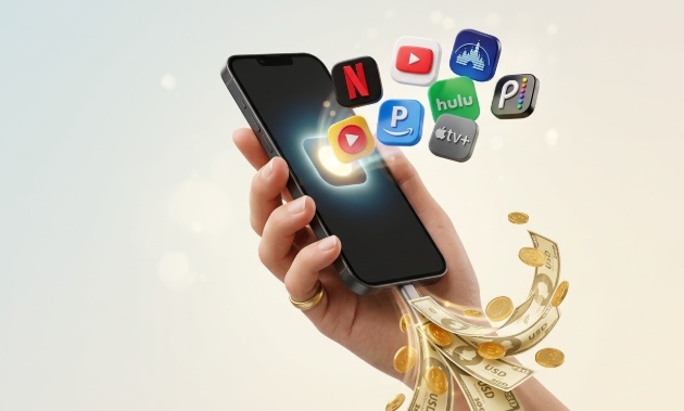 스마트폰 화면 위로 쏟아지는 OTT 구독 서비스들과 가계 부담을 상징하는 시각화