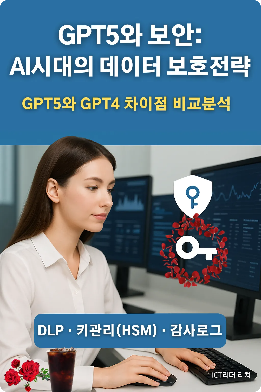 GPT-5 데이터 보호 전략 인포그래픽 – 20대 여성 보안 전문가가 보안 운영센터에서 AI 보안 로그를 점검하는 모습