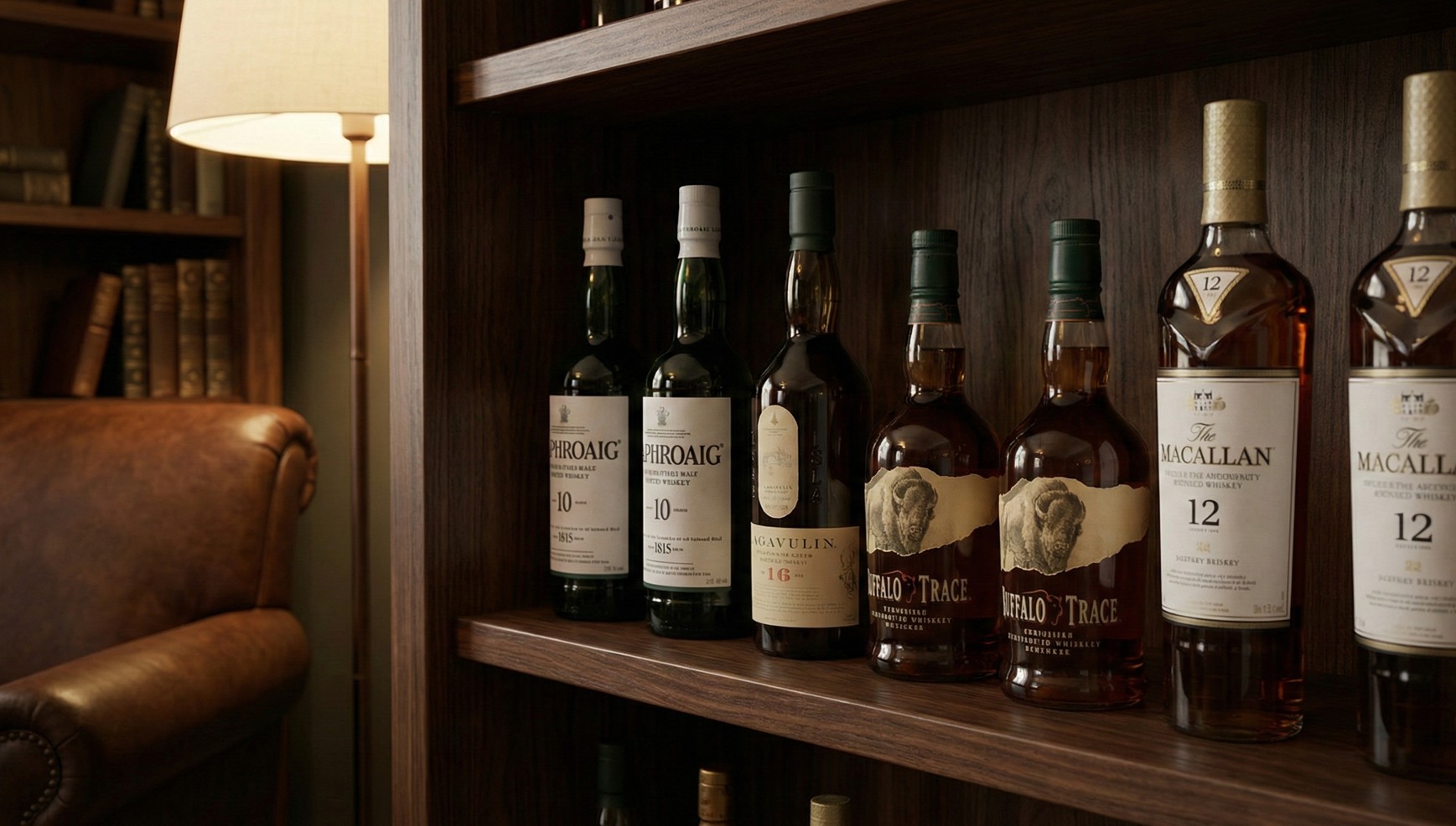 직사광선을 피해 선반에 보관 중인 위스키 병들