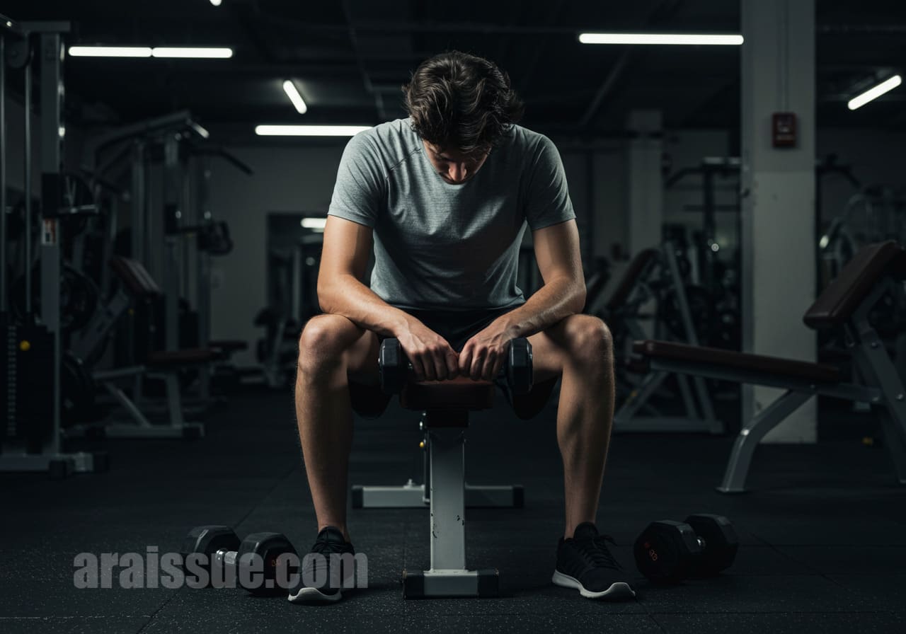 마른 체형의 남성이 헬스장 벤치에 앉아 덤벨을 느슨하게 잡고 지친 표정을 짓고 있는 모습.