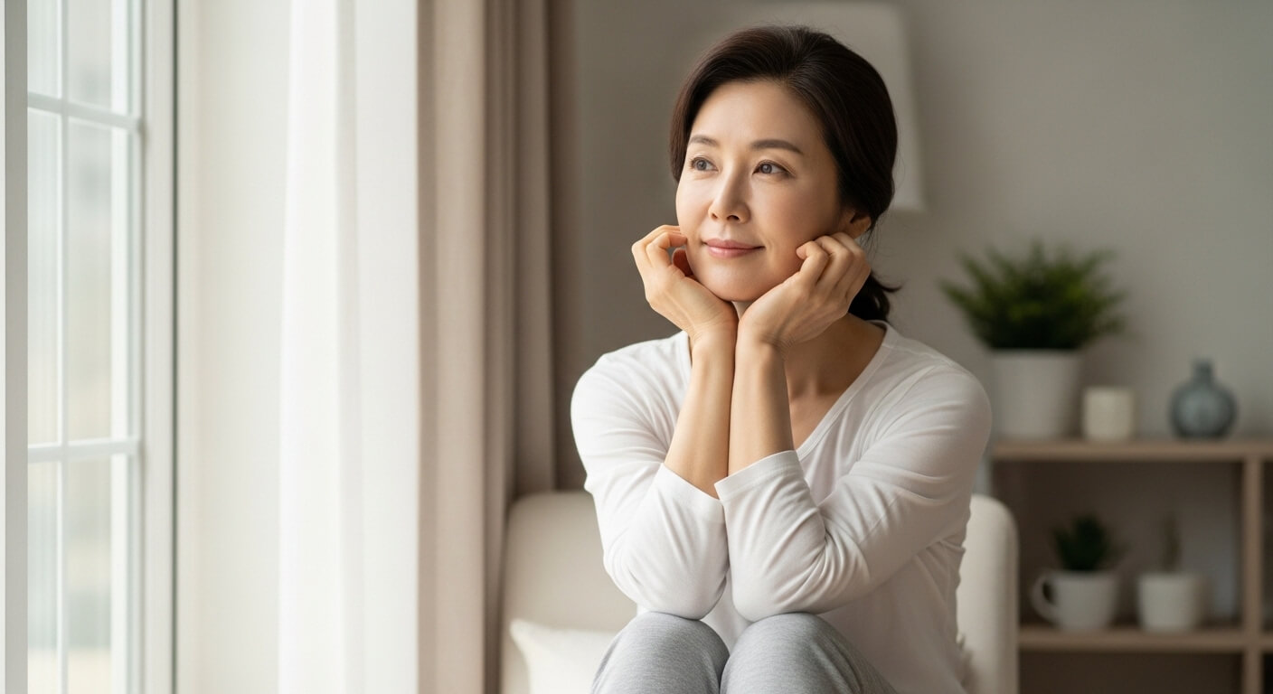 아토피 피부염을 관리하며 조용한 일상 속에서 휴식을 취하는 한국 중년 여성의 모습