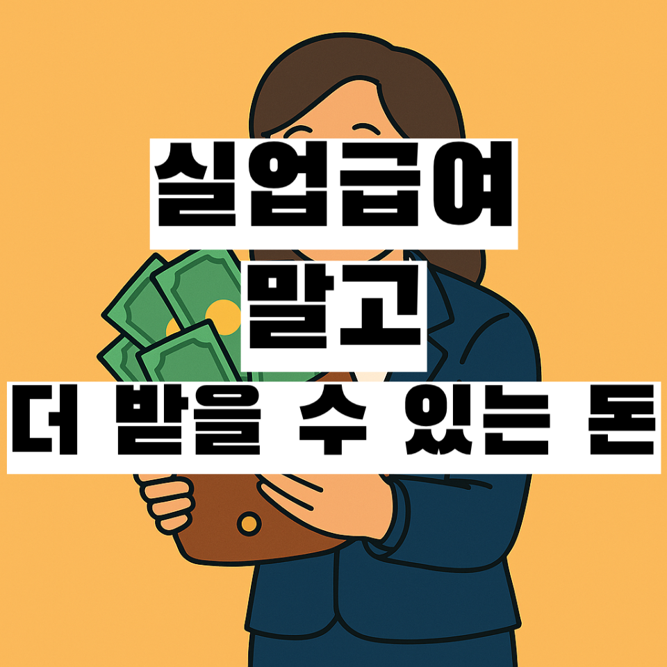 주황색 배경 위에 정장을 입은 여성이 지폐가 가득한 지갑을 들고 웃고 있는 일러스트 썸네일 이미지. 이미지 중앙에 '실업급여 말고 더 받을 수 있는 돈'이라는 문구가 강조되어 있다.