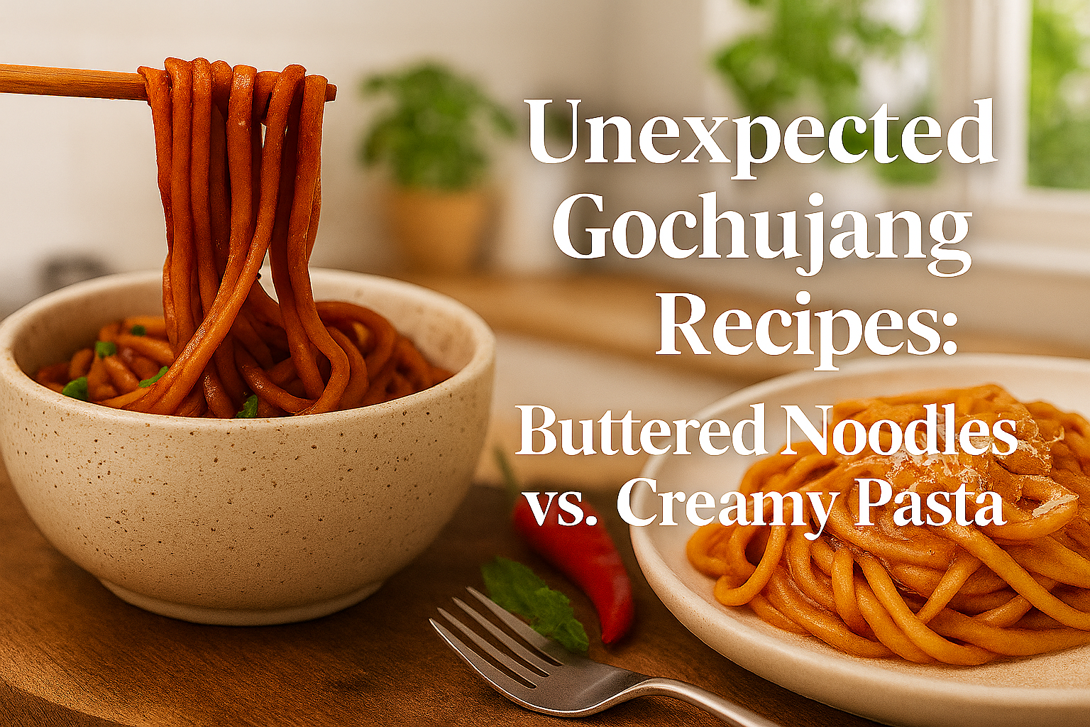 A bowl of gochujang buttered noodles held by chopsticks next to a plate of creamy gochujang pasta, set on a wooden table in a bright kitchen with natural light.