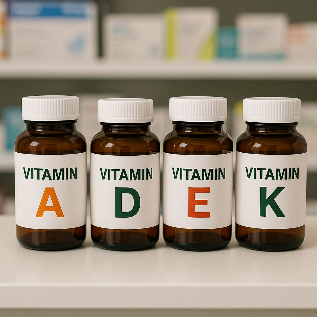 진열대 위에 가지런히 놓인 비타민 A, D, E, K 영양제 병들