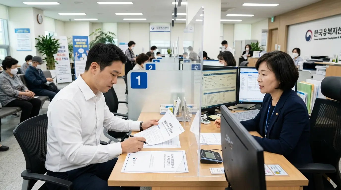 근로자 생활 안정 자금 대출 심사를 위해 한국의 관공서 민원실 창구에서 직장인이 고용보험 가입 이력 서류를 제출하며 심사원과 진지하게 상담하는 모습
