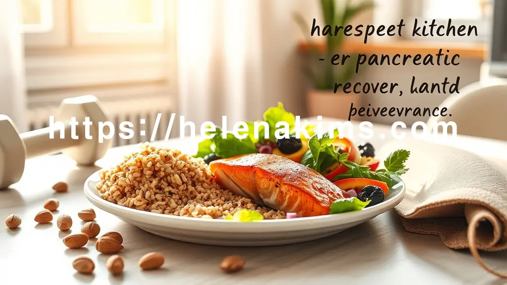 밝고 따뜻한 햇살이 드는 주방 테이블 위, 현미밥, 신선한 연어 스테이크, 다채로운 채소 샐러드, 그리고 소량의 견과류가 정갈하게 놓인 건강한 식단.
그 옆에는 가벼운 아령과 요가 매트가 은은하게 비치며, 활력 넘치는 췌장 건강 회복의 희망적인 메시지를 전달하는 이미지.