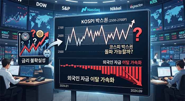 금리 불확실성과 외국인 자금 이탈 속 코스피 박스권 그래프.