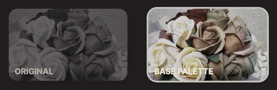 옆에 있는 base palette 부분이 갑자기 작업 중으로 표시되면서 흑백사진이 컬러사진으로 완성됩니다.