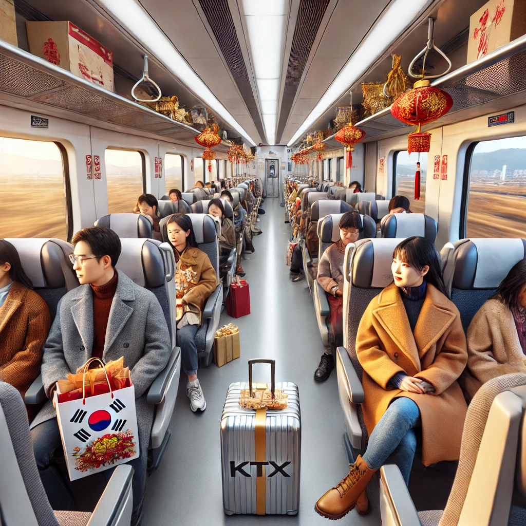 설날 시즌 KTX 고속열차 안에서 승객들이 따뜻한 옷을 입고 앉아 있는 모습