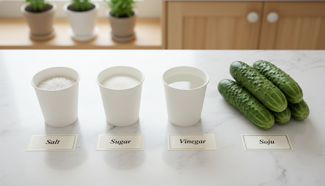 싱싱한 백오이와 천일염, 설탕, 식초, 소주가 각각 종이컵에 담겨 있는 계량 준비 모습