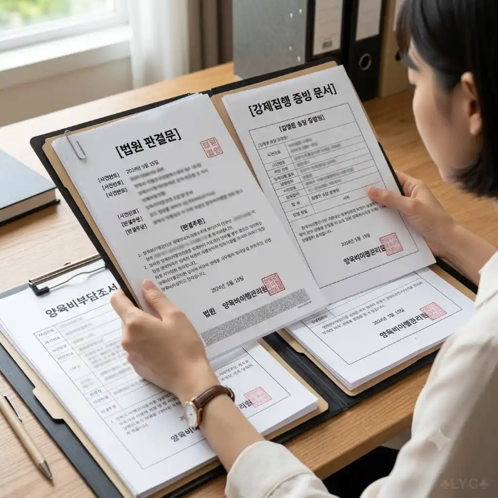 양육비 이행확보 절차 진행을 증명하는 판결문 서류