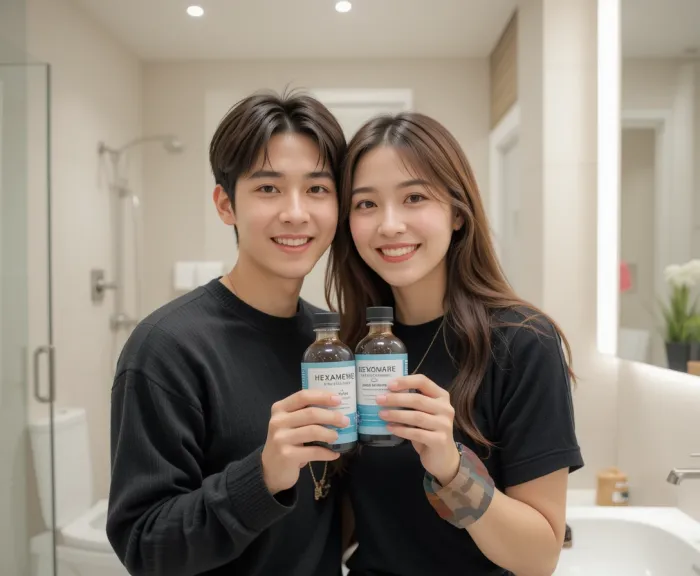 헥사메딘 사용법을 함께 실천하는 커플의 모습