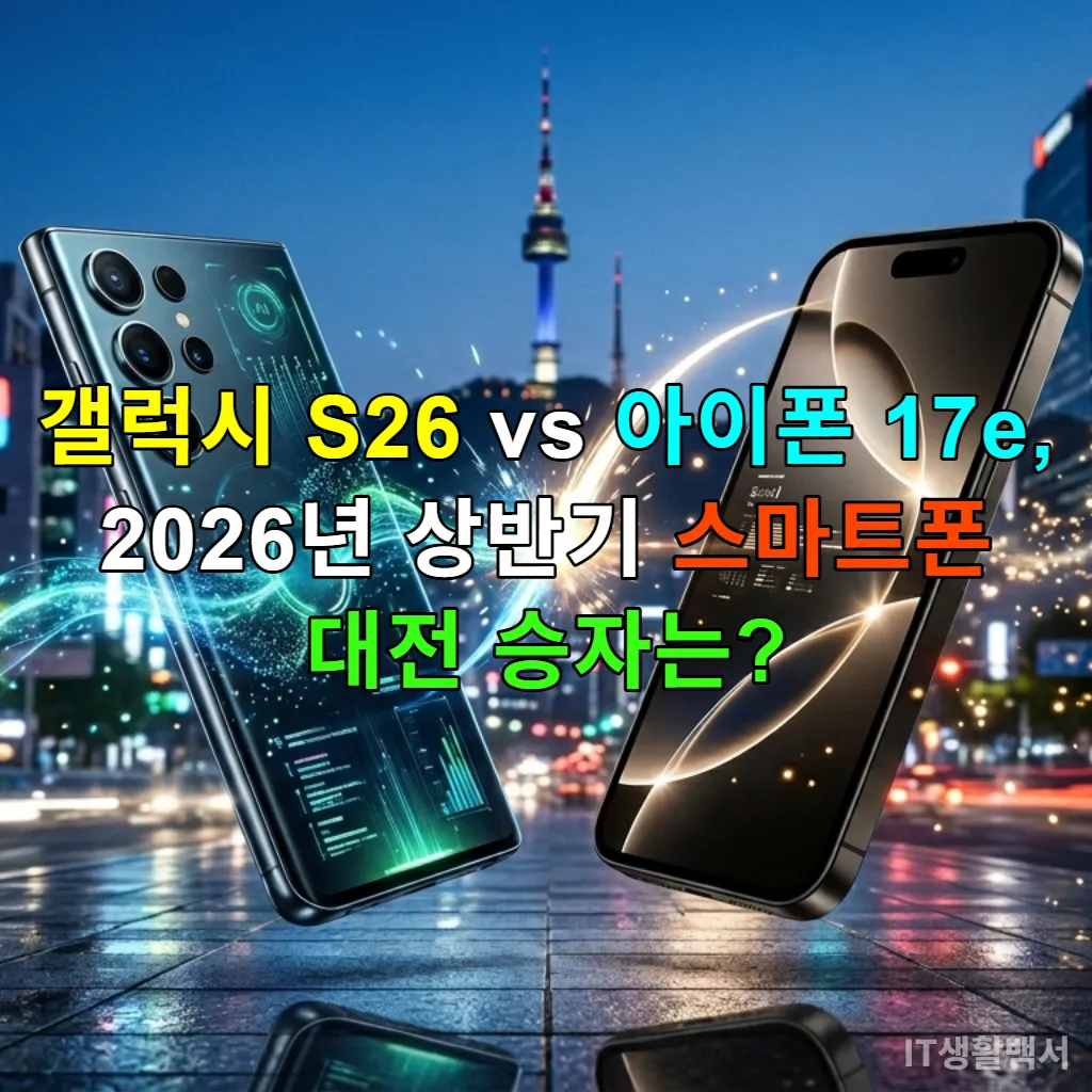 2026년 상반기 스마트폰 시장의 두 주역, 갤럭시 S26과 아이폰 17e가 치열하게 경쟁하는 모습을 담은 역동적인 이미지