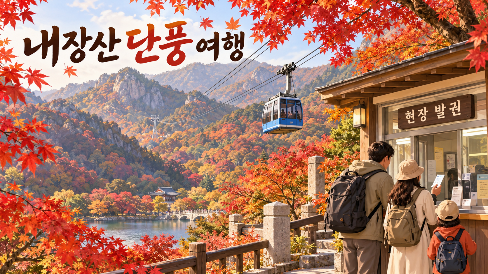 단풍 산 아래 현장 매표소를 찾은 가족과 산 위 케이블카