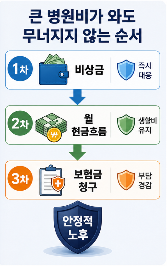 노후 의료비 준비를 비상금 현금흐름 보험 청구 순서로 정리한 이미지